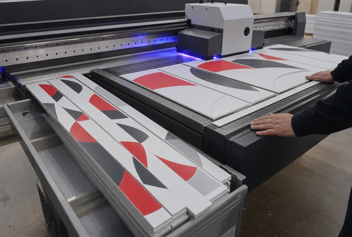 Ein UV-Drucker druckt Regalleisten und Schildpaneele mit rot-grafitgrauen Bögen auf weißes PVC