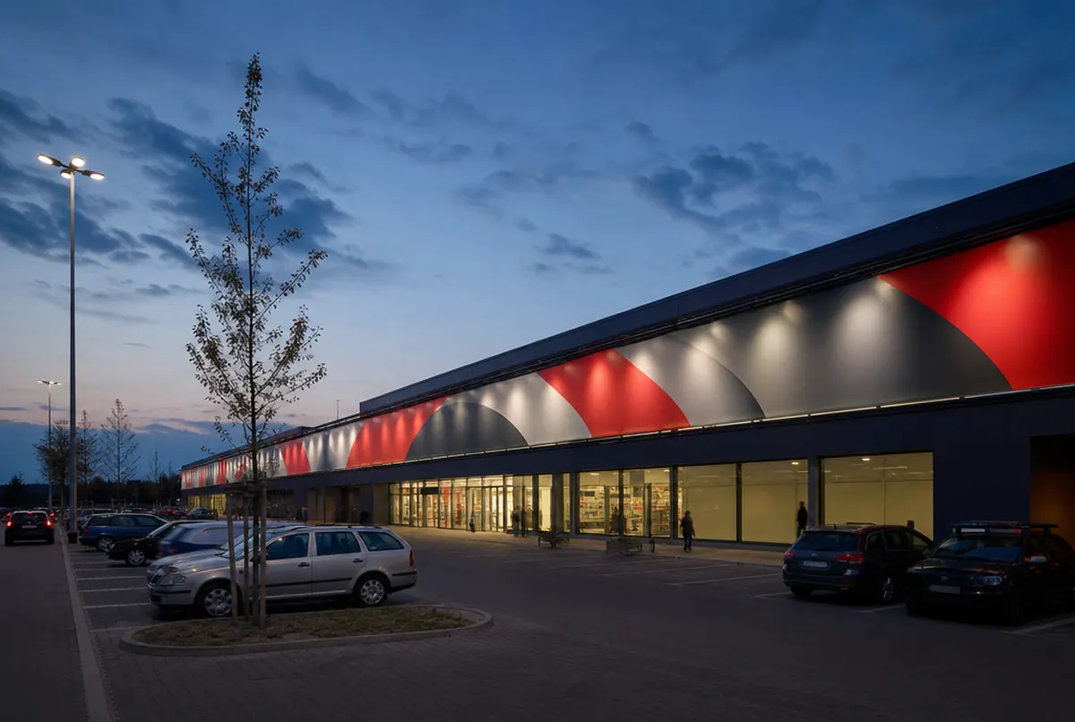 Fachmarktzentrum in der Dämmerung: Gebäude mit langem beleuchtetem Fries aus rot-grafitgrauen Bögen