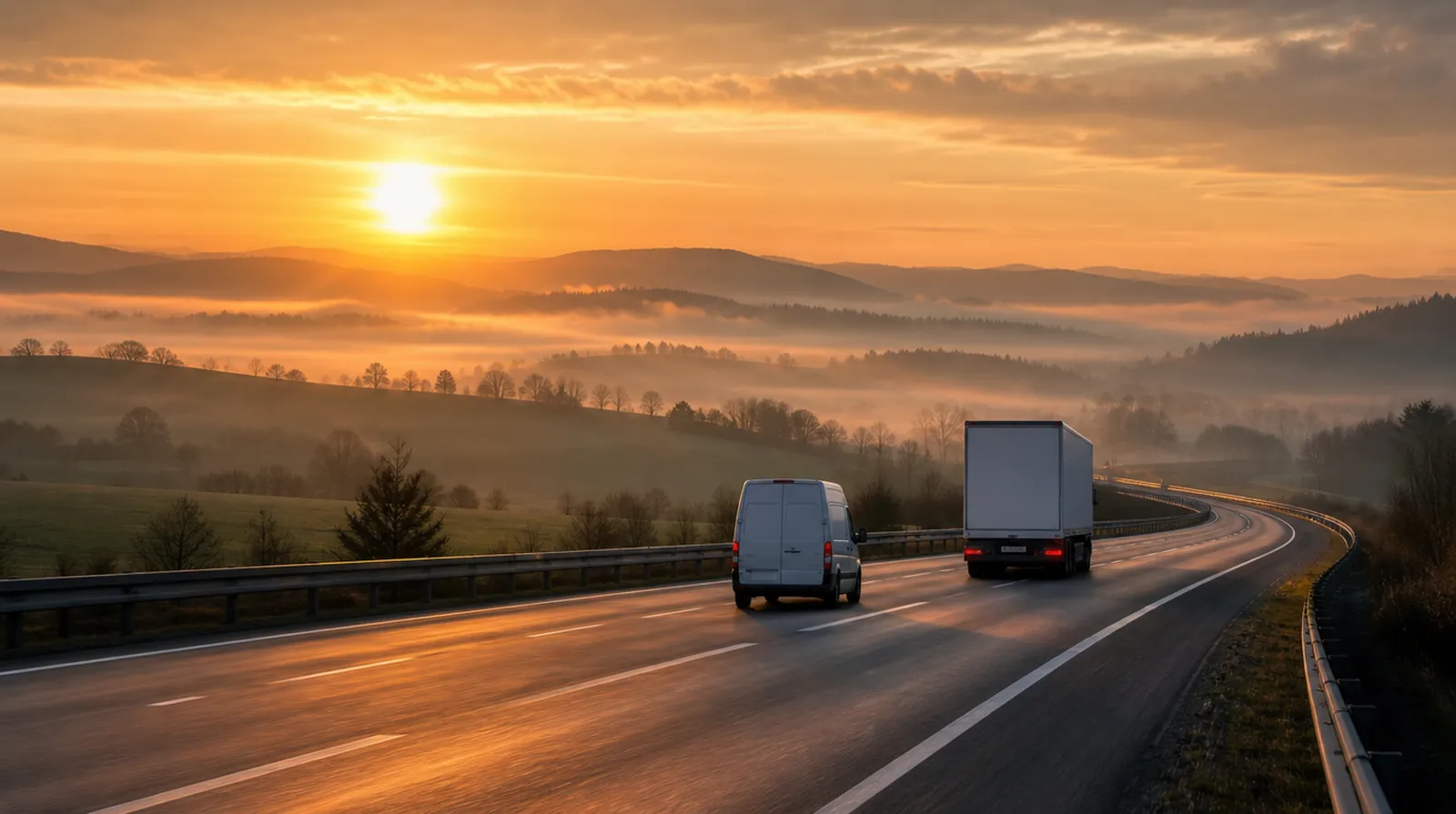 Delivery van and truck on a European motorway at dawn