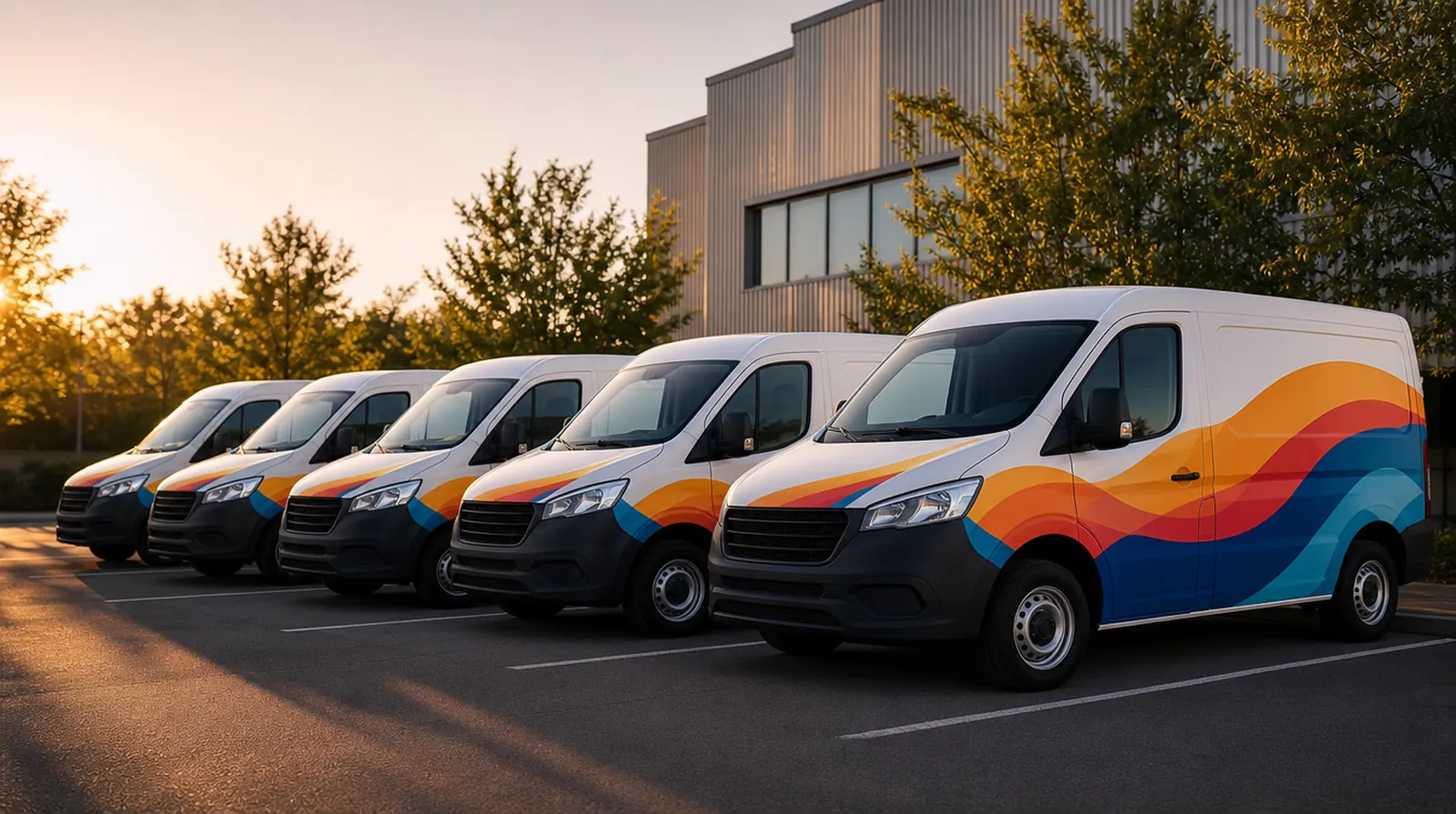Row of company vans wrapped with matching printed graphics