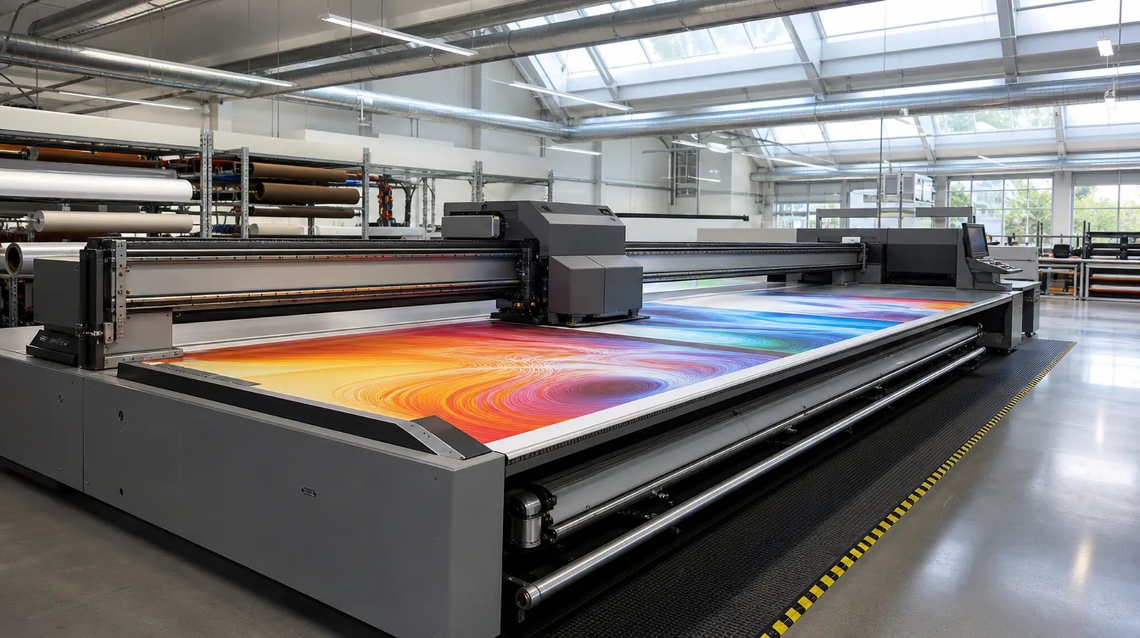 Wide-format UV printer printing a colourful banner in a print hall