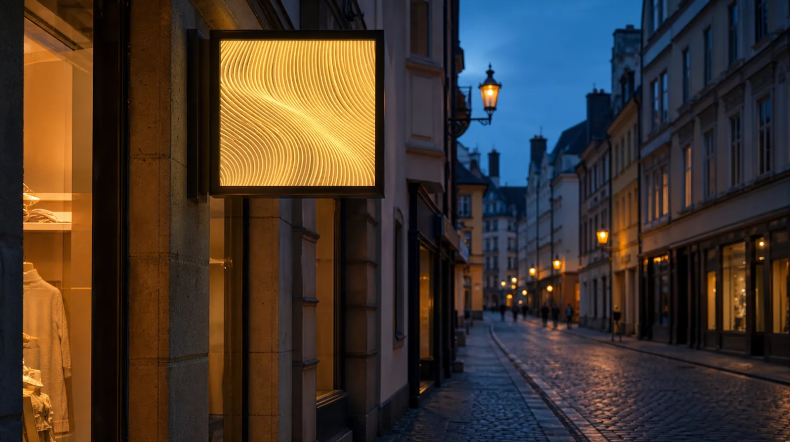 Caisson lumineux éclairé sur une boutique de vieille ville au crépuscule