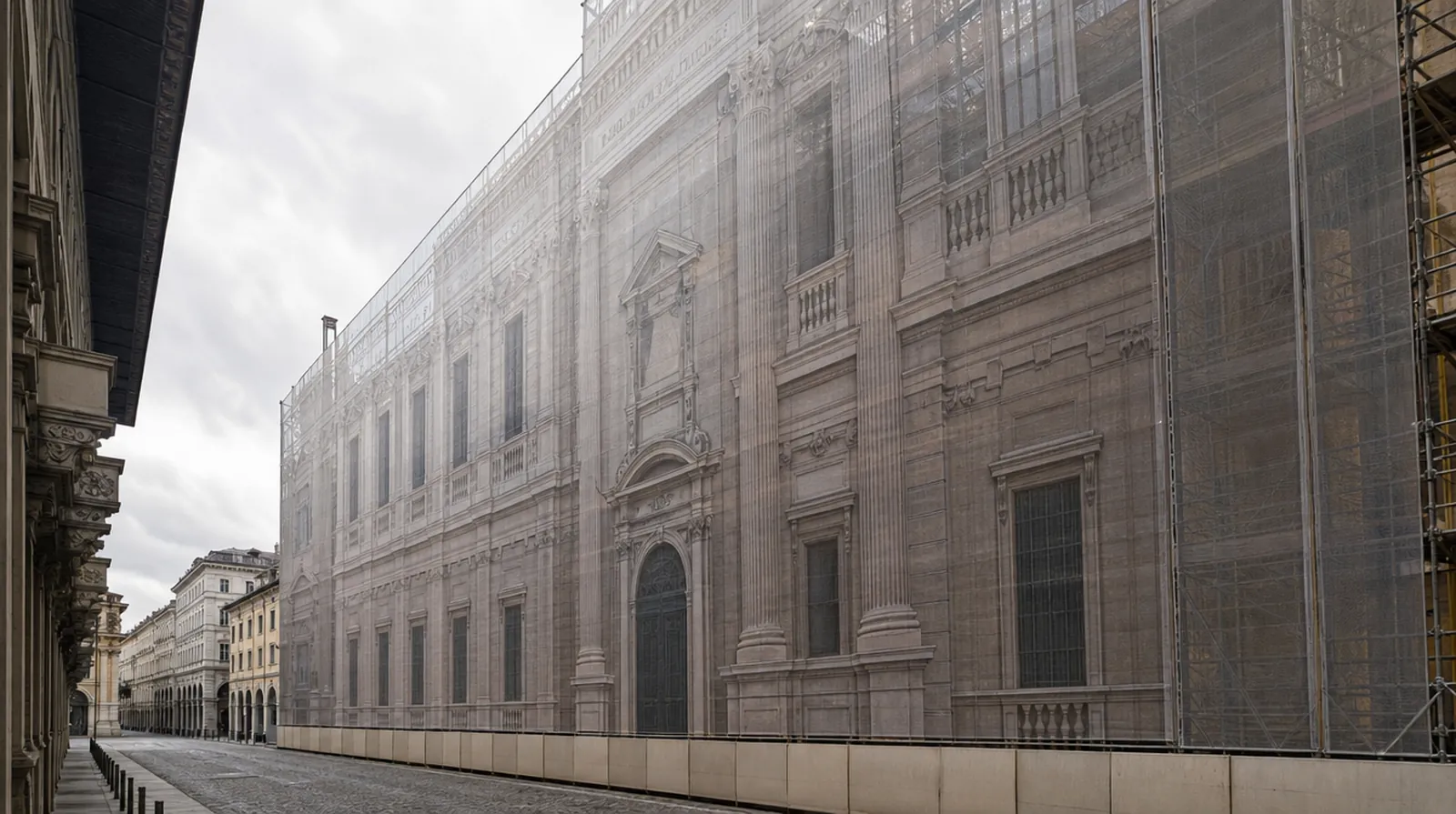 Printed mesh banner covering scaffolding on a historic building