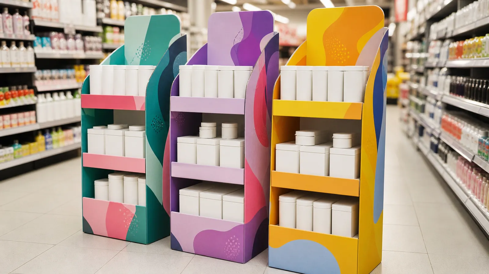 Bedruckte Kartondisplays mit Produkten im Supermarktgang
