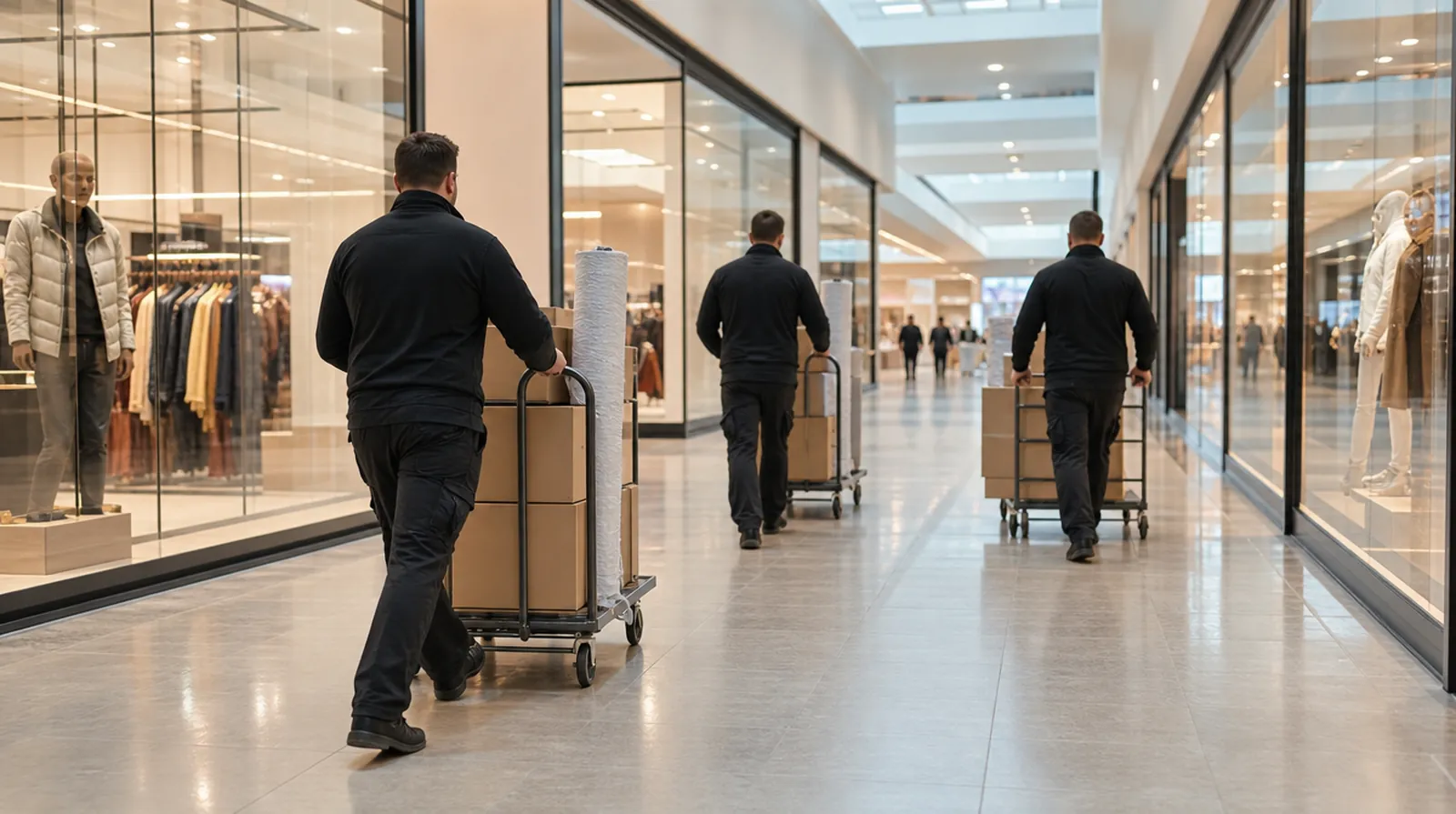 Montageteam liefert Werbematerial an Geschäfte im Einkaufszentrum