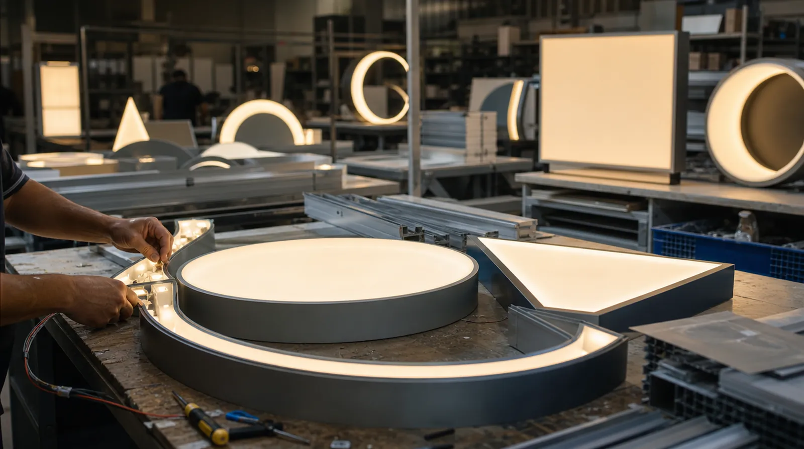 Cajas de luz y formas 3D montándose en un taller de rótulos