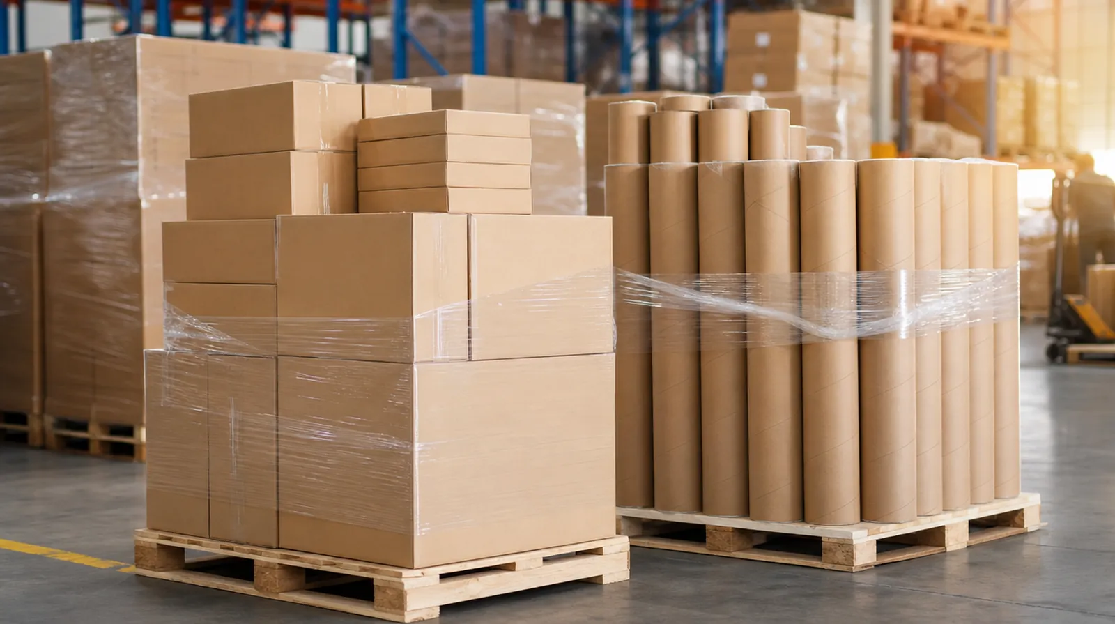 Neutrale Kartons und Versandrollen auf Paletten, versandbereit im Lager