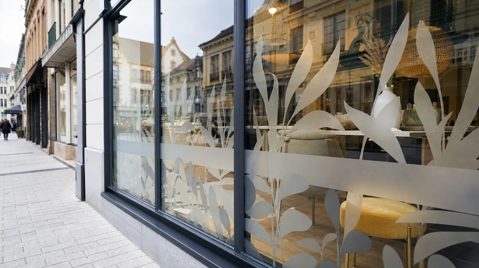 Shop window decorated with frosted and botanical vinyl window graphics