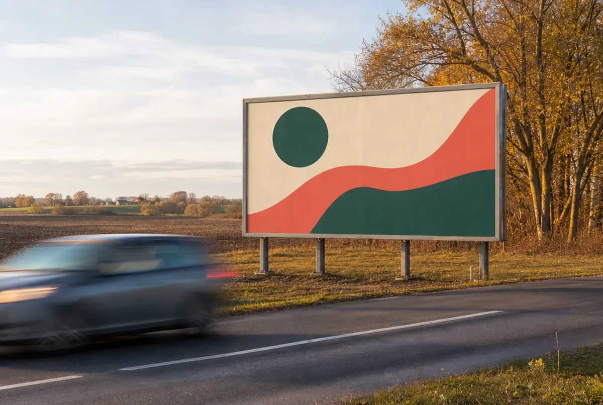 Billboard przy drodze z abstrakcyjną grafiką w zieleni i koralu, obok przejeżdża samochód