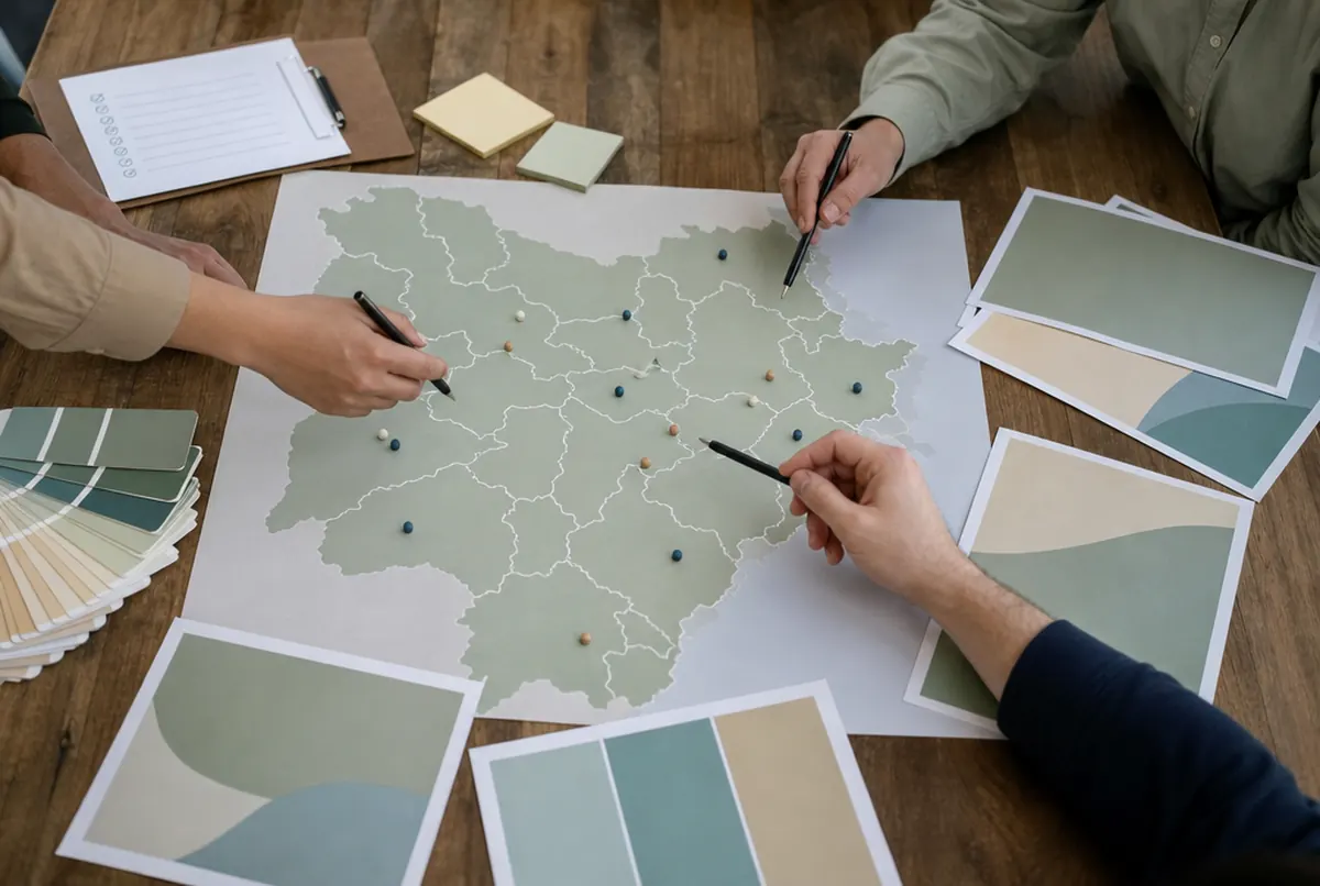 Dłonie członków sztabu nad mapą regionu z pinezkami i wydrukami próbnymi materiałów